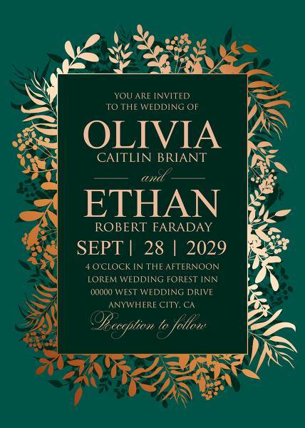 Greenery herbal gold foliage emerald green background wedding invitation set printable template green
