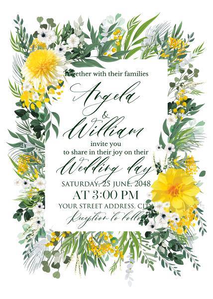 Mimosa, yellow sunflower, dahlia greenery herbs, green grass spring floral wedding invitation set 