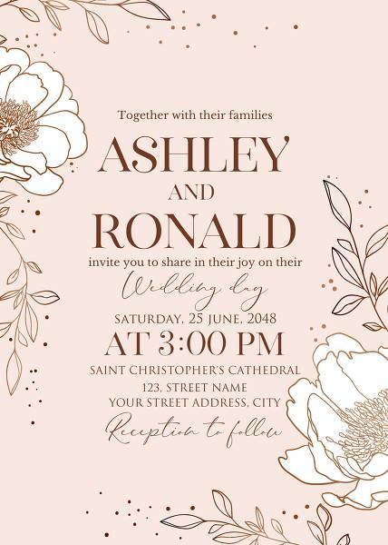 Rose golden pink wedding Invitation set  floral invite thank you, rsvp modern card Design in white Peony leaf greenery branches decorative elegant rustic template