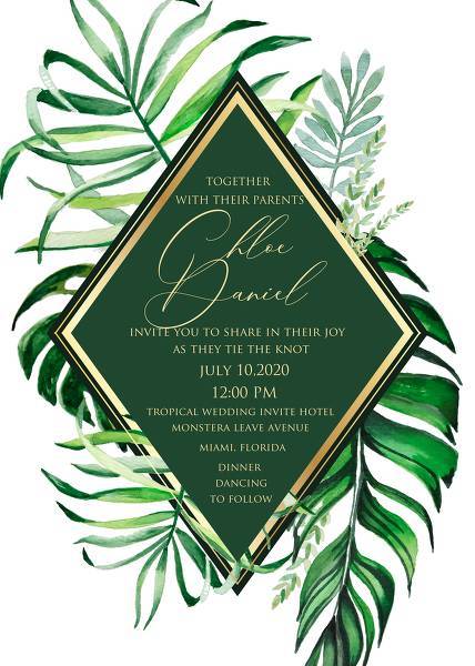 Wedding invitations with tropical leaves and touch of gold tropical wedding invitation template editable wedding invitation printable edit text calligraphy font online maker