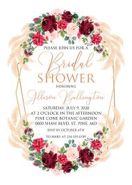 Bridal shower invitation Marsala peony rose pampas grass pdf custom online editor 5x7