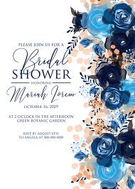 Bridal shower invitation royal navy blue rose peony indigo watercolor pdf online editor 5x7