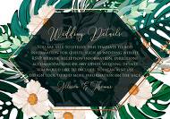 Green emerald foil gold tropical monstera palm leaves flower wedding details invitation set 5x3.5 in maker edit template