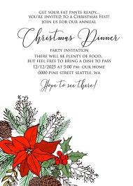 Holiday Merry Christmas Party Invitation red poinsettia flower fir tree printable flyer 5x7 in instant maker