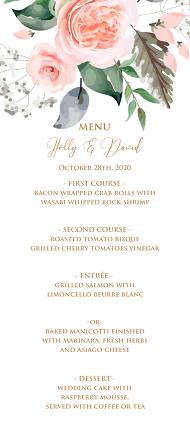 Menu design template peach rose watercolor greenery fern wedding invitation 4x9 in online editor