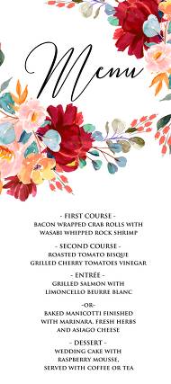 Menu wedding invitation set marsala pink peony rose watercolor greenery 4x9 in edit online