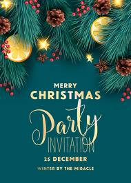 Merry Christmas party invitation blue fir tree, pine cone, cranberry, orange, banner template 5x7 in invitation maker