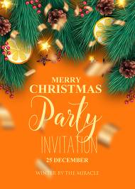 Merry Christmas party invitation green fir tree, pine cone, cranberry, orange, banner template 5x7 in online editor