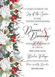 Merry Christmas Party Invitation winter floral wreath fir white rose red berry 5x7 in invitation editor