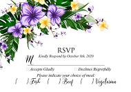 RSVP card wedding invitation set tropical violet yellow hibiscus flower palm leaves 5x3.5 in customizable template
