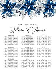 Seating chart wedding invitation set poinsettia navy blue winter flower berry 18x24 in customizable template