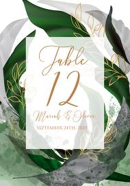 Table card wedding invitation set watercolor splash greenery floral wreath, herbs garland gold frame 3.5x5 in edit template