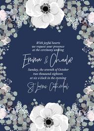 Wedding invitation set white anemone flower card template on navy blue background 5x7 in edit online