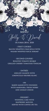 Wedding menu design white anemone flower card template on navy blue background 4x9 in instant maker