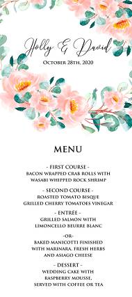 Wedding menu invitation set blush pastel peach rose peony sakura watercolor floral eucaliptus greenery 4x9 in edit template