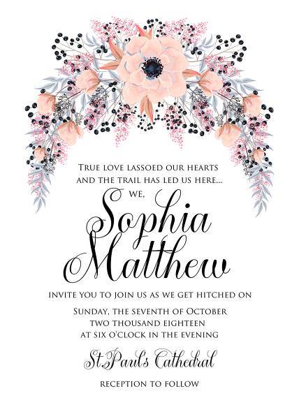Watercolor anemone wedding invitation card peony branches, wild privet berry edit template