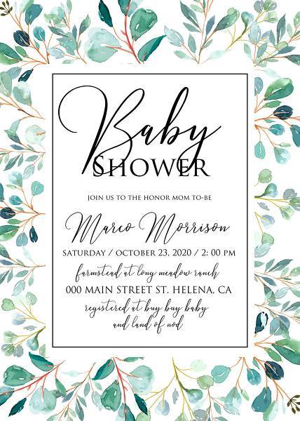 Wedding invitation, invitation menu, rsvp, wedding details, seating chart, engagement, baby shower, bridal shower invitation, thank you card, floral greenery design. Forest fern frond, Eucalyptus branch green leaves foliage herbs greenery berry frame border. Watercolor template set invitation maker