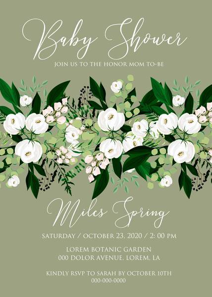 Baby shower invitation greenery herbal grass white peony watercolor pdf custom online editor 5x7 inches size