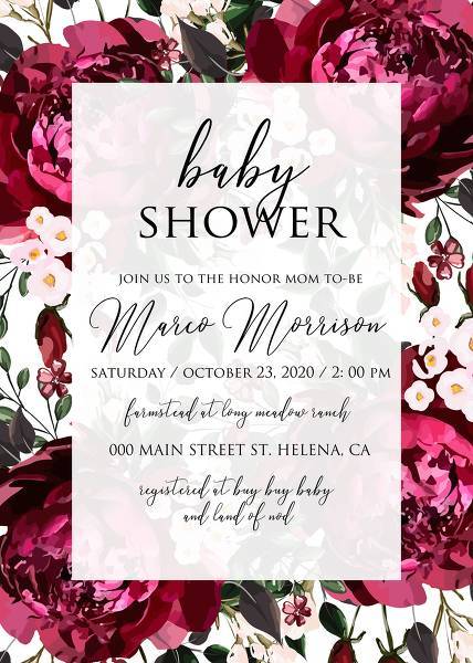 Baby shower marsala dark red peony wedding invitation greenery burgundy floral customize online cards