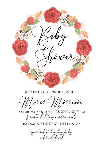 Baby shower invitation peony wreath autumn fall leaves with instant personalization 5x7 inches