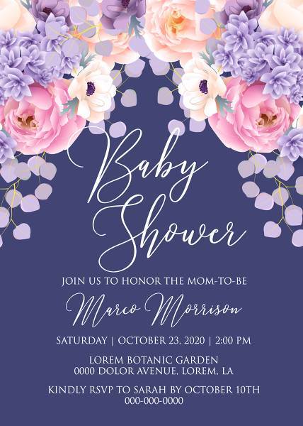 Baby shower invitation pink peach peony hydrangea violet anemone eucalyptus greenery pdf custom online editor decoration bouquet 5x7 inches