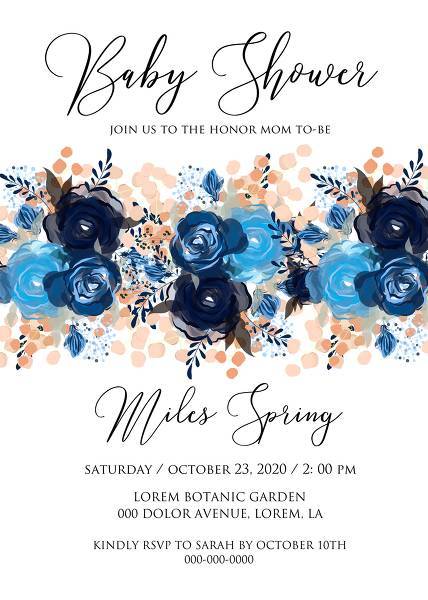 Baby shower invitation royal blue rose indigo watercolor floral wedding invitation 5x7