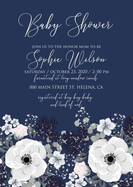 Wedding invitation set white anemone flower card template on navy blue background printable eucalyptus blackberry Menu, rsvp, thank you card, wedding details card, save the day card, baby shower invitation , bridal shower invitation, engagement party invitation, seating chart banner, table card online editor invitation editor edit online