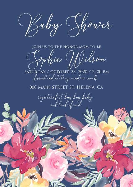 Wedding invitation set watercolor marsala peony pink rose yellow anemone eucalyptus greenery pdf on navy blue background invitation maker