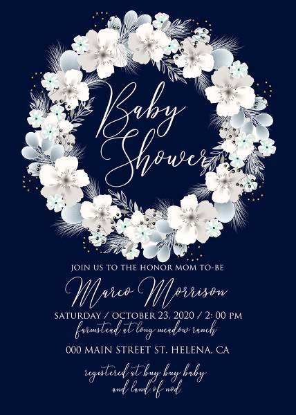 Baby shower invitation white hydrangea navy blue background floral card online invitation template card maker custom editor 5x7