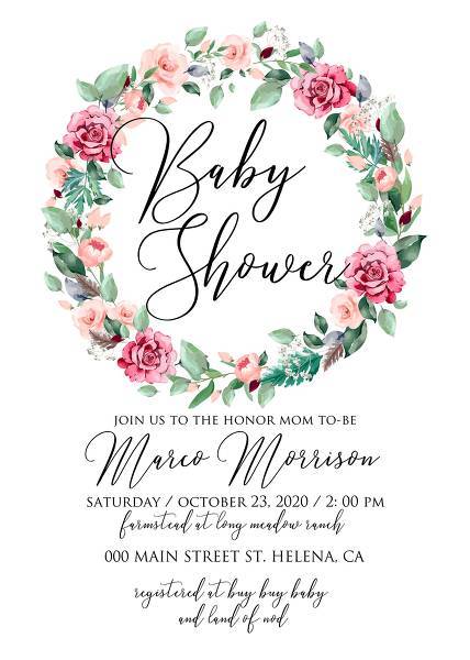 Baby shower invitation watercolor rose floral greenery online editor 5x7 in decoration bouquet