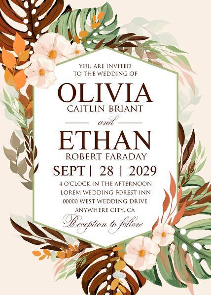 Boho hawaii tropical monstera stile wedding.  Green terracotta palm leaves  wedding invitation set. If you like the style of a boho wedding in a Hawaiian mood with monstera sheets on our website, you can find a complete set of digital invitation card templates for printing at home or using the services of printing salons. Edit yourself and easily your invitation in our free online editor.