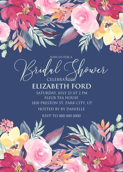 Wedding invitation set watercolor marsala peony pink rose yellow anemone eucalyptus greenery pdf on navy blue background