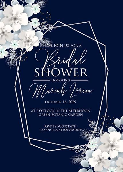 Bridal shower invitation white hydrangea navy blue background floral card online invitation template card maker custom editor 5x7