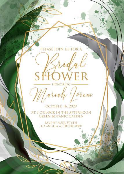 Wedding invitation set watercolor splash greenery floral wreath, floral, herbs garland gold frame 
