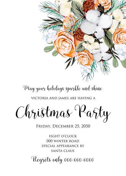 Christmas Party Invitation cotton winter wedding invitation fir peach rose wreath pine cone happy new year dinner invitation card template baby shower, bridal shower, greeting card, watercolor winter floral create online