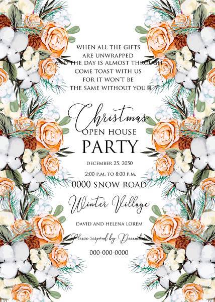 Christmas Party Invitation cotton winter wedding invitation fir peach rose wreath pine cone happy new year dinner invitation card template baby shower, bridal shower, greeting card, watercolor winter floral edit online