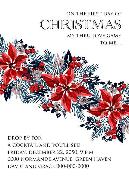 Christmas party invitation red poinsettia winter flower berry fir floral wreath cranberry wreath card template wedding invitation, floral invitation, baby shower invite, bridal shower invite, rsvp card details, thank you card, menu template, printable invitation, wedding details card, save the date, engagement party invitation, bachelorette invitation, birthday invitation, celebration, congratulation, anniversary customizable template