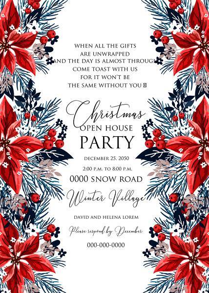 Christmas party invitation red poinsettia winter flower berry fir floral wreath cranberry wreath card template wedding invitation, floral invitation, baby shower invite, bridal shower invite, rsvp card details, thank you card, menu template, printable invitation, wedding details card, save the date, engagement party invitation, bachelorette invitation, birthday invitation, celebration, congratulation, anniversary edit online