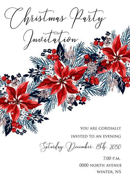 Christmas party invitation red poinsettia winter flower berry fir floral wreath cranberry wreath card template wedding invitation, floral invitation, baby shower invite, bridal shower invite, rsvp card details, thank you card, menu template, printable invitation, wedding details card, save the date, engagement party invitation, bachelorette invitation, birthday invitation, celebration, congratulation, anniversary edit template
