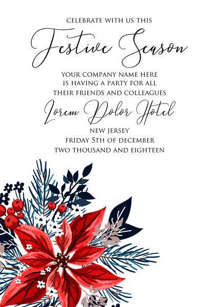 Christmas party invitation red poinsettia winter flower berry fir floral wreath cranberry wreath card template wedding invitation, floral invitation, baby shower invite, bridal shower invite, rsvp card details, thank you card, menu template, printable invitation, wedding details card, save the date, engagement party invitation, bachelorette invitation, birthday invitation, celebration, congratulation, anniversary maker