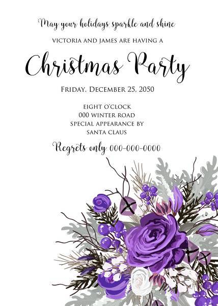 Christmas party invitation wedding card invitation violet rose fir berry winter floral wreath wedding invitation, floral invitation, baby shower invite, bridal shower invite, rsvp card details, thank you card, menu template, printable invitation, wedding details card, save the date, engagement party invitation, bachelorette invitation, birthday invitation, celebration, congratulation, anniversary create online