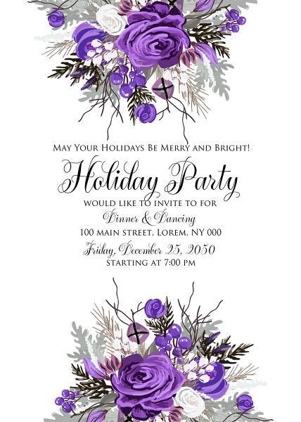 Christmas party invitation wedding card invitation violet rose fir berry winter floral wreath wedding invitation, floral invitation, baby shower invite, bridal shower invite, rsvp card details, thank you card, menu template, printable invitation, wedding details card, save the date, engagement party invitation, bachelorette invitation, birthday invitation, celebration, congratulation, anniversary invitation editor