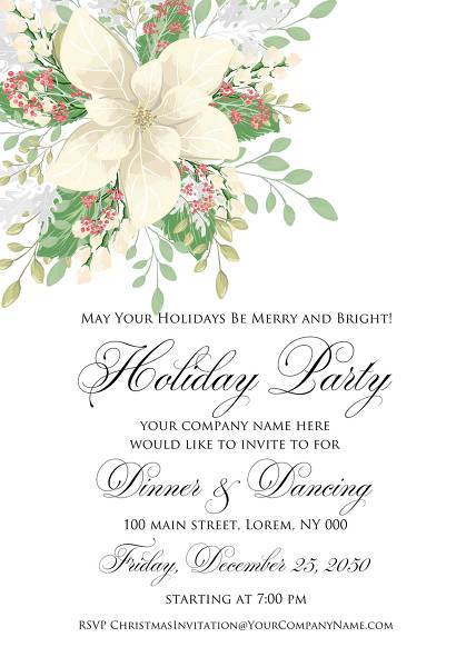 Christmas Party invitation winter white poinsettia flower cranberry wreath card template wedding invitation, floral invitation, baby shower invite, bridal shower invite, rsvp card details, thank you card, menu template, printable invitation, wedding details card, save the date, engagement party invitation, bachelorette invitation, birthday invitation, celebration, congratulation, anniversary edit template customize online