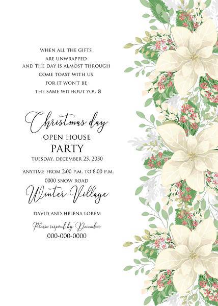 Christmas Party invitation winter white poinsettia flower cranberry wreath card template wedding invitation, floral invitation, baby shower invite, bridal shower invite, rsvp card details, thank you card, menu template, printable invitation, wedding details card, save the date, engagement party invitation, bachelorette invitation, birthday invitation, celebration, congratulation, anniversary edit template online maker