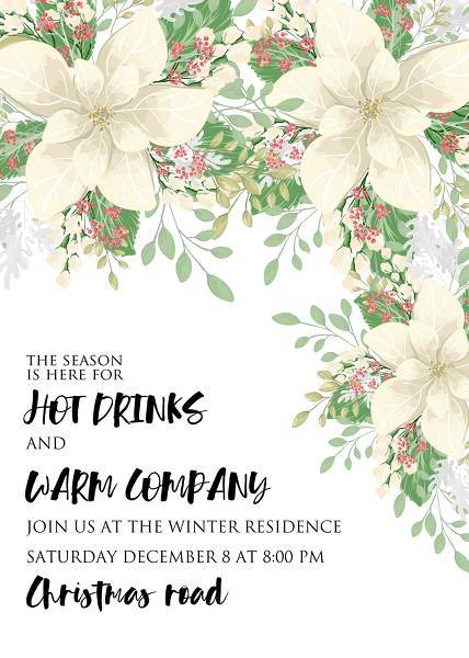 Christmas Party invitation winter white poinsettia flower cranberry wreath card template wedding invitation, floral invitation, baby shower invite, bridal shower invite, rsvp card details, thank you card, menu template, printable invitation, wedding details card, save the date, engagement party invitation, bachelorette invitation, birthday invitation, celebration, congratulation, anniversary edit template online maker