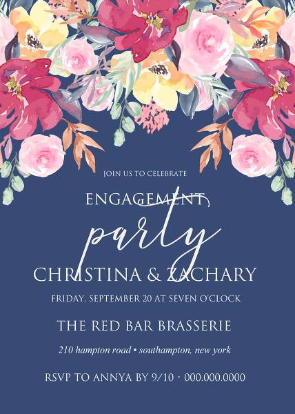Wedding invitation set watercolor marsala peony pink rose yellow anemone eucalyptus greenery pdf on navy blue background invitation editor