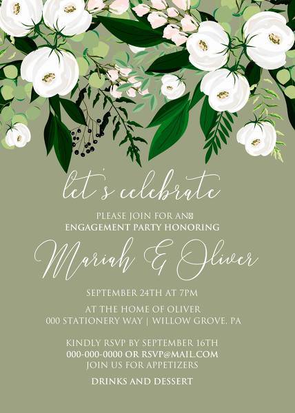 Engagement party invitation greenery herbal grass white peony watercolor pdf custom online editor 5x7 in