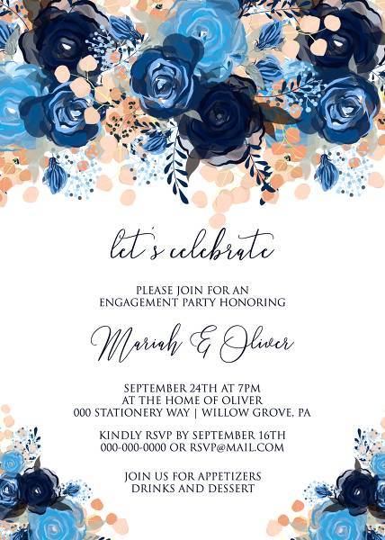 Engagement party invitation royal blue rose indigo watercolor floral wedding invitation 5x7