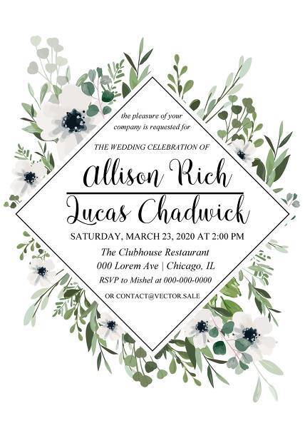 Wedding invitation, baby shower, wedding menu, information, engagement, label, table number and place card design with elegant white anemone, eucalyptus branches, leaves pattern. Vector template set golden frame
