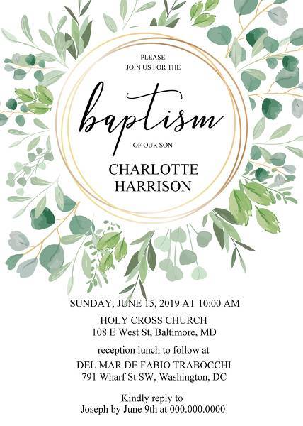 Gold Geometric Greenery Wreath Baptism Invitation with Watercolor Eucalyptus INSTANT DOWNLOAD Printable, Editable Template Baby shower Invitation